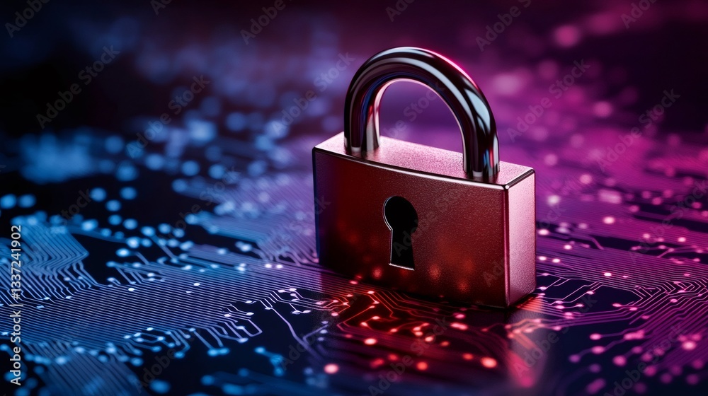 Poster Closed padlock protecting computer circuit board symbolizing data security