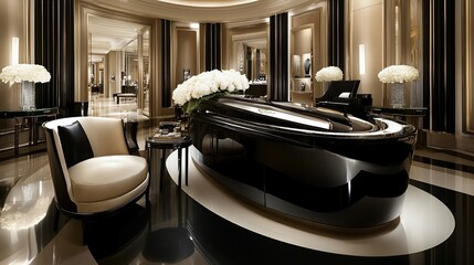 Luxurious black reception area with cream chairs and floral arrangements