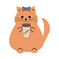 Nice funny fat cat with paper cup of coffee on white background vector illustration 