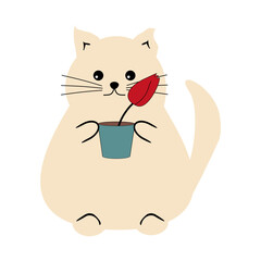 Nice cute cat with a flower on white background vector illustration 