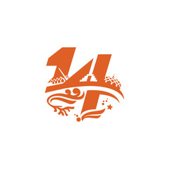 Elegant number 14 logo design with unique mosque and marine life decor, perfect for religious events, marine themes, and cultural branding.