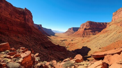 Fototapeta premium A vast canyon with red rock cliffs and a clear blue sky