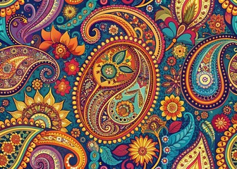Fototapeta premium Panoramic Indian Paisley Pattern: Ornate Traditional Textile Design