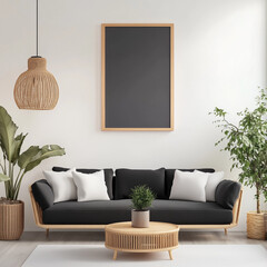 Cozy Modern Living Room with Empty Vertical Wooden Frame Above Light Black Sofa &ndash; Bright Minimalist Interior Design Template