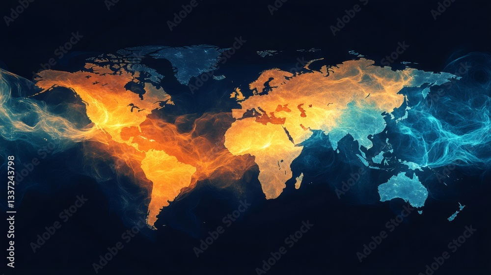 Fototapete world map showing global connections and data flowing across continents