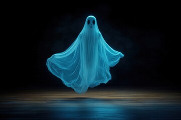 Floating blue ghost in dark room