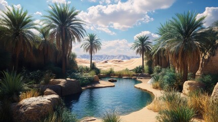Fototapeta premium Oasis scene with palm trees and a tranquil body of water