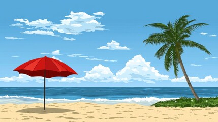 Fototapeta premium Red parasol standing on sandy beach with palm tree and blue sky