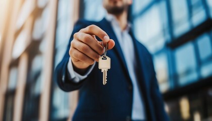 Real Estate Agent Presenting Keys Alongside Properties: Expertly Delivering Ownership To Homebuyers And Helping Clients Find Their Ideal Properties.