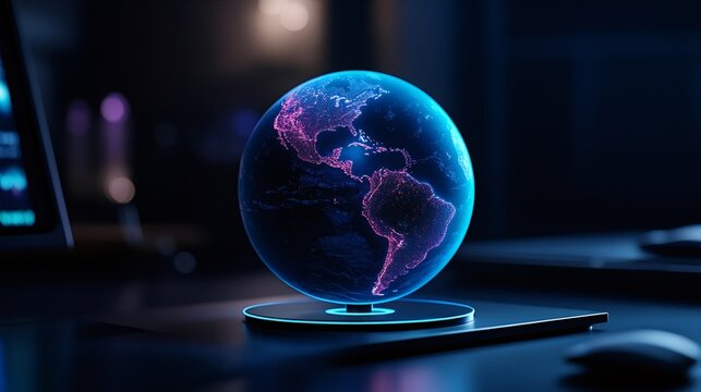 Futuristic hologram of planet earth rotating on a desk in a technological environment