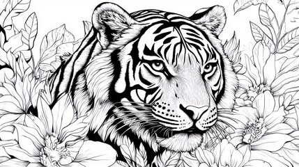 Tiger animal line art illustration. Black and white coloring page style art.