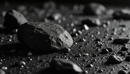 Meteorite with metallic inclusions texture in charcoal-black, reveals the beauty of extraterrestrial materials on Earth