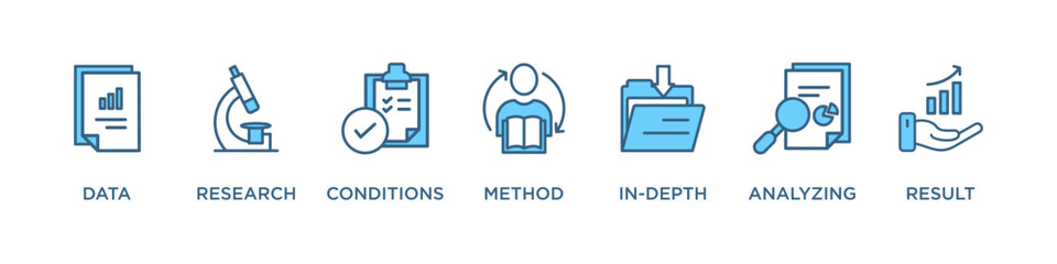 CASE STUDY banner web icon vector illustration concept with icon of data, research, conditions , method, in-depth, analyzing, result, 
