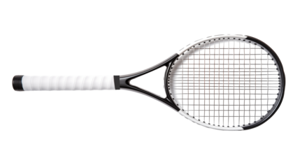 Isolated tennis racket with white grip and black frame on a plain black background studio shotisolated on transparent background	