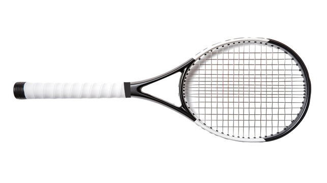 Isolated tennis racket with white grip and black frame on a plain black background studio shotisolated on transparent background	