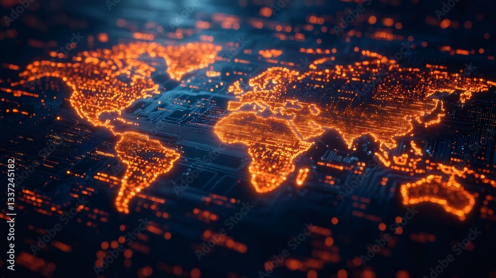 Wall mural world map showing global communication network on circuit board