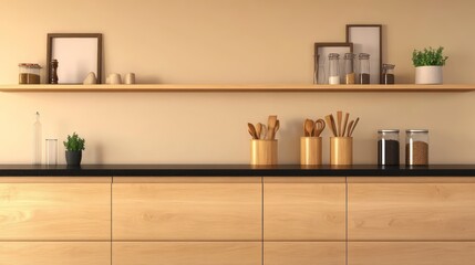Fototapeta premium A contemporary kitchen with a set of natural oak cabinets against a soft beige background