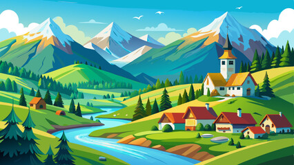 Beautiful Alps landscape with village, green fields, mountain river at sunny day. Swiss mountains at the background © williamnoah