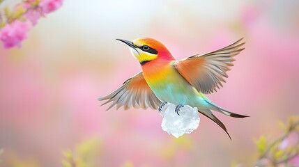 Fototapeta premium Rainbow bird in flight, spring blossoms
