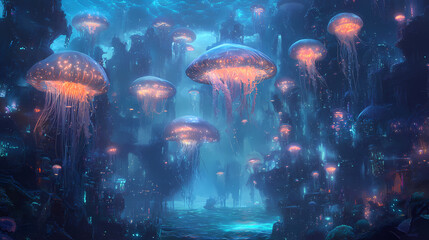 Naklejka premium underwater massive jellyfish realm
