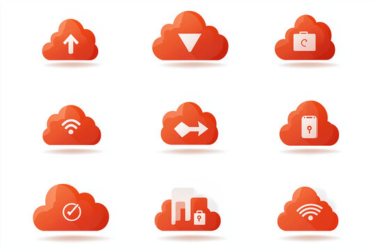 Collection of nine orange cloud icons with various symbols on a white background surface