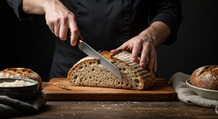A half loaf of sourdough bread being cut with a knife by a person in a dark chef's jacket