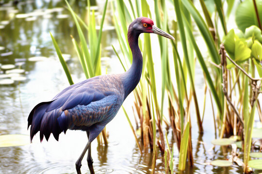 A striking brolga standing gracefully in shallow water surrounded by lush green reeds and foliage