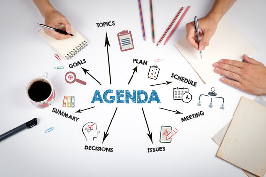 AGENDA Concept. The meeting at the white office table