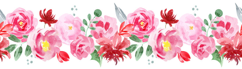 Abstract watercolor vector garden floral border, red roses and peonies seamless border, floral design, simple flowers, Floral arrangement for card, invitation, decoration, 