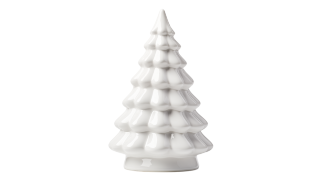 A glossy white ceramic christmas tree decoration against a dark black studio background simple and elegantisolated on transparent background	