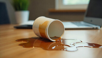 Realistic Fake Spilled Coffee Prank on Office Desk, April Fools day concept, 1st april prank concept, created with generative ai