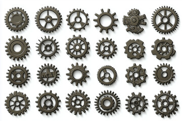 An assortment of metallic gears and cogwheels arranged on a white surface with shadows cast below