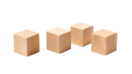 Four light wooden toy blocks arranged in a row on a plain black background studio shot with soft lightingisolated on transparent background	