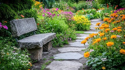 Obraz premium A tranquil garden with a stone bench, blooming flowers, and the sound of birds singing