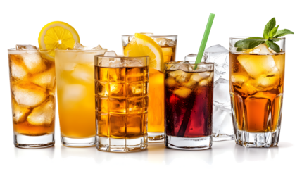 A row of glasses with different colored drinks in them. The drinks are all cold and have ice in them