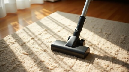 A vacuum cleaner on a beige carpet, taken from above, with sunlight streaming through a window casting long shadows on the carpet