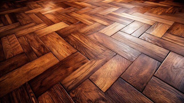 Polished herringbone parquet wood floor creating elegant pattern