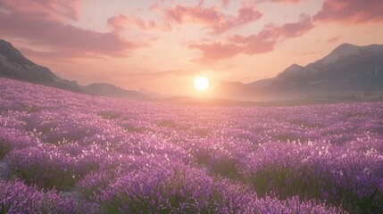 Obraz premium Serene Sunset Over a Lavender Field in the Mountains