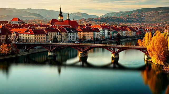 Aerial view of Maribor, Slovenia showcasing autumn colors and the Drava River at sunset, Aerial view of the city Maribor in Slovenia on a sunny autumn day