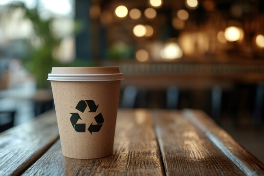 Recyclable coffee cup promoting sustainability in cozy cafe