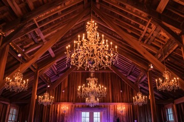Obraz premium Elegant crystal chandeliers illuminating rustic wooden barn interior