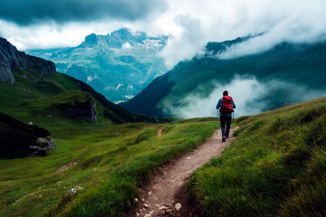 Fototapeta premium A solo hiker with a red backpack treks along a winding mountain path, surrounded by lush green valleys and misty peaks, embracing nature and adventure in an alpine landscape