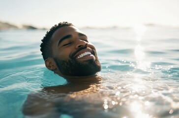 Glücklicher Mann treibt entspannt im Meer, genießt die Sonne und das Wasser – Happy man floating relaxed in the sea, enjoying the sun and water