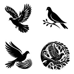 Fototapeta premium Set of vector bird silhouettes including eagle, dove, pigeon, hawk, and other flying animals, symbolizing freedom and nature with feathers and wings in black design