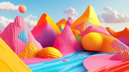 3D digital illustration of a colorful abstract landscape made of geometric shapes