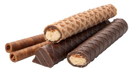 Chocolate wafer roll, crispy wafer tube, chocolate drizzle, close-up photography, studio lighting, white background, dessert, snack, confectionery, high-resolution