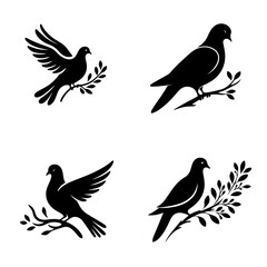 Obraz premium Decorative bird silhouettes of doves and pigeons in peaceful poses with floral elements, perfect for wedding invitations, religious themes, and nature-inspired designs