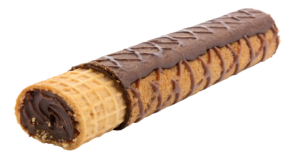 Chocolate wafer roll, crispy wafer tube, chocolate drizzle, close-up photography, studio lighting, white background, dessert, snack, confectionery, high-resolution, detailed texture