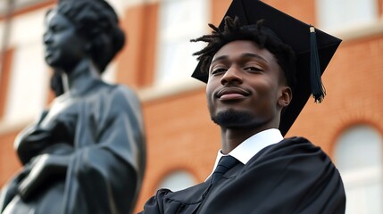 Fototapeta premium Graduate poses confidently near historic statue during ceremony