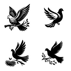Naklejka premium Black and white vector dove silhouette set, featuring elegant birds in flight with olive branches, symbolizing love, peace, and harmony, perfect for tattoos and graphic design